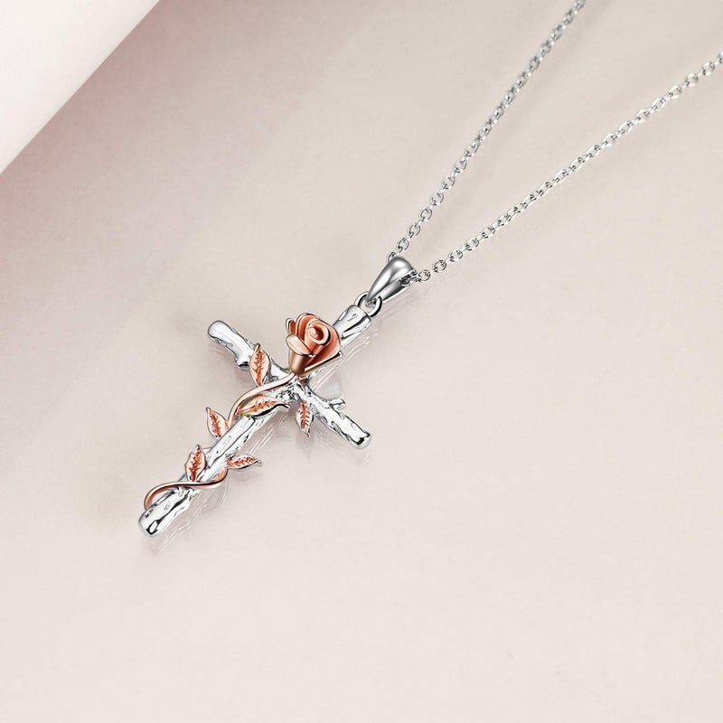 LUHE Women Cross Necklace Sterling Silver Rose/Daisy Flower Religious Cross Pendant Necklace Jewelry Gifts - Image 4